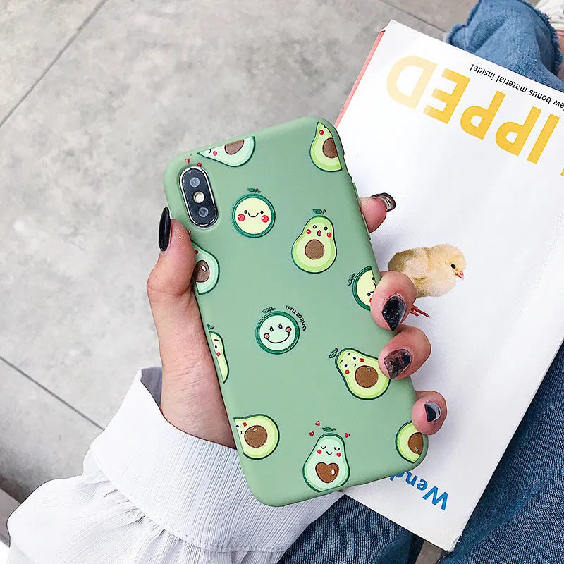 Green cartoon avocado design on a flexible TPU mobile phone case for Apple iPhone.
