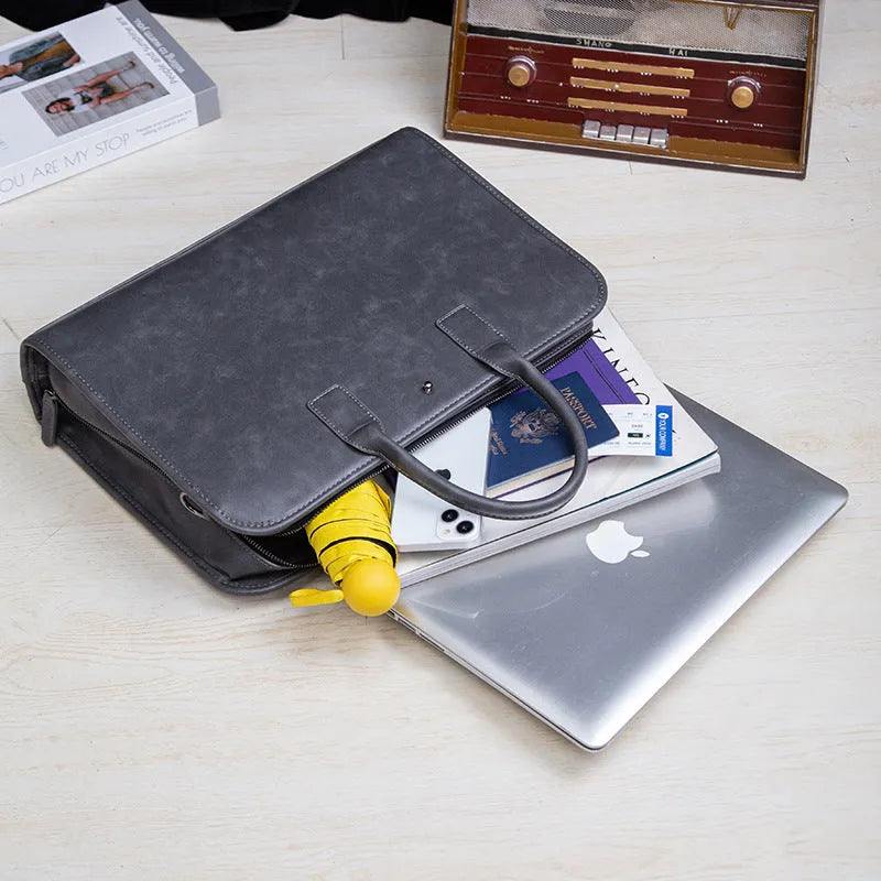 Men's dark gray waterproof PU business briefcase with rivet details, 41 cm wide, 30 cm high, 9 cm thick