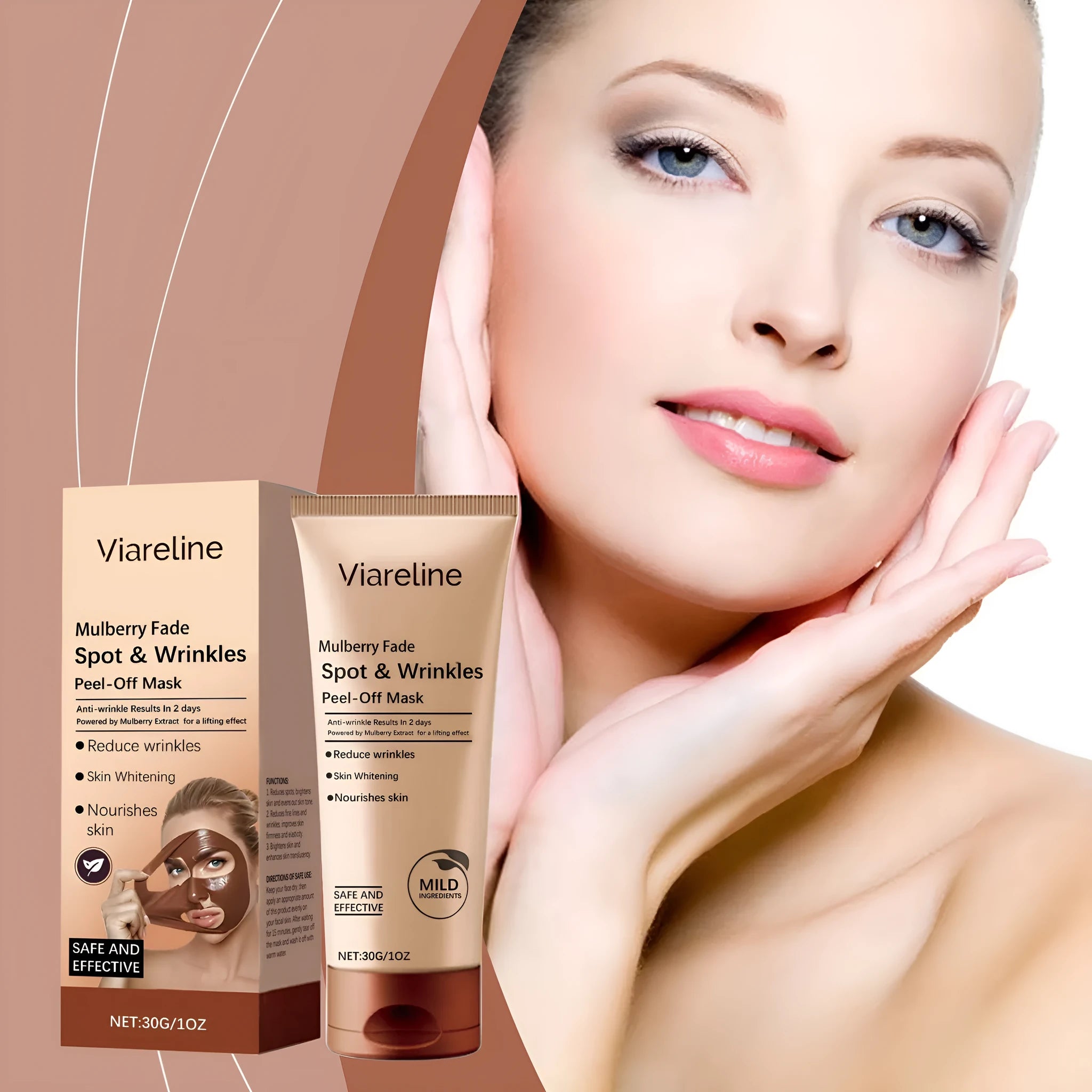 Single 30g sheet facial mask for fading wrinkles with collagen and arbutin.