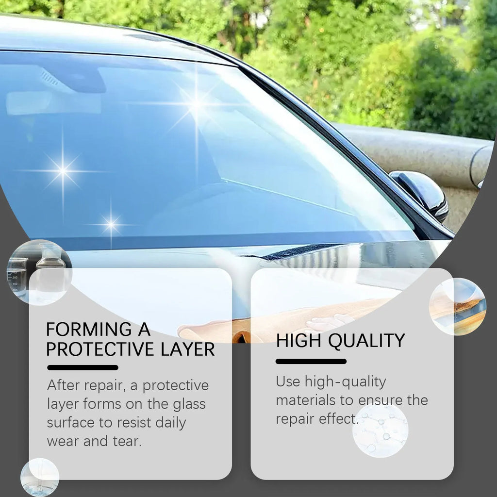 Car windshield repair suit kit with 10ml essence bottle blade and curing films on blue background