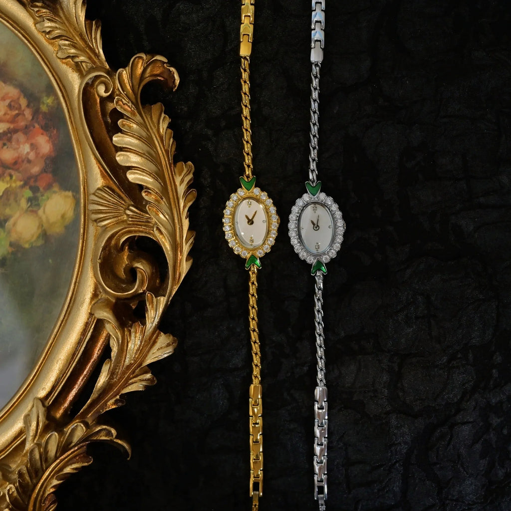 Small European-style gold women's watch with rhinestone inlay, 316L stainless steel case, and synthetic sapphire dial mirror on adjustable strap