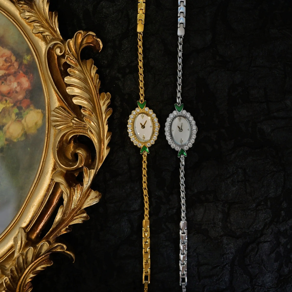 Small European-style gold women's watch with rhinestone inlay, 316L stainless steel case, and synthetic sapphire dial mirror on adjustable strap