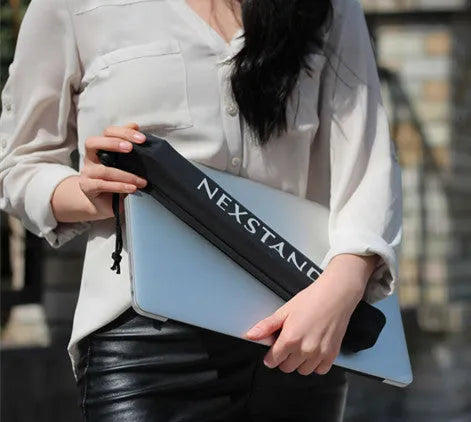 Black folding portable laptop stand with reinforced nylon construction showing 35.4cm width dimensions