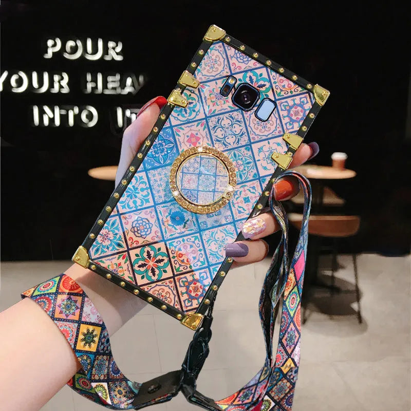 Samsung S8 silicone phone case with Bohemian style blue light mirror frame design
