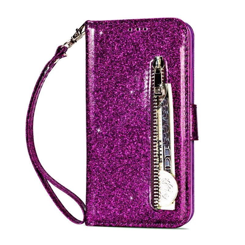 PU zipper wallet case for iPhone in multiple colours showing zip closure