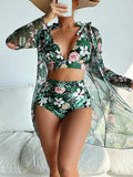 Women's multicolour printed bikini swimsuit three-piece set showing shirt, bra, and shorts