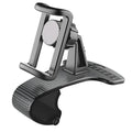 Black universal car phone mount with 360-degree rotating head on a car dashboard.