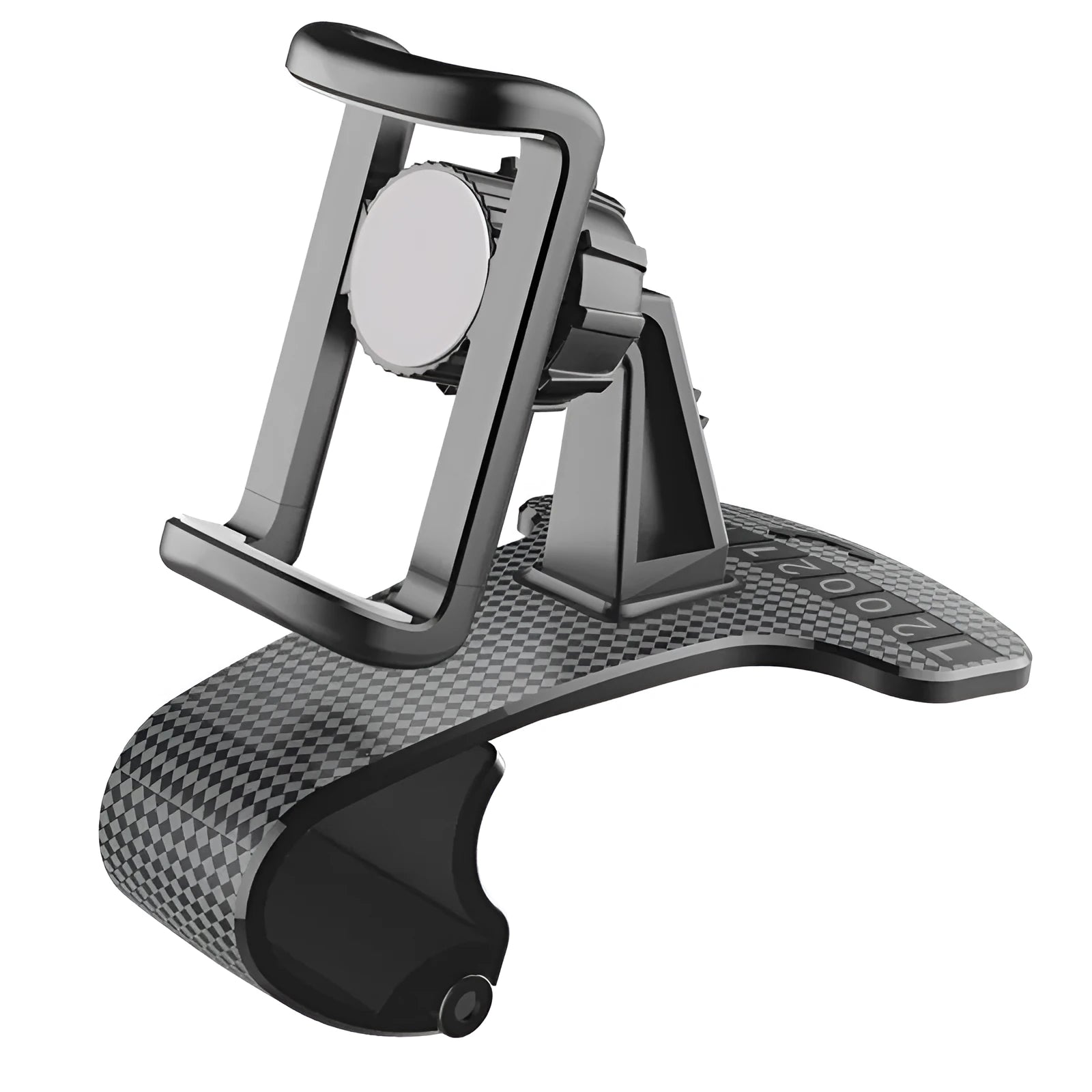 Black universal car phone mount with 360-degree rotating head on a car dashboard.