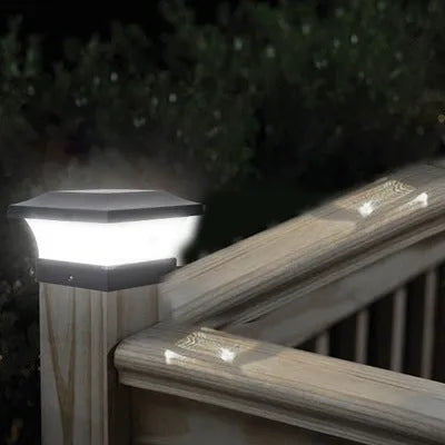 Compact 5W solar LED landscape light measuring 153x153x97mm with warm and white light options