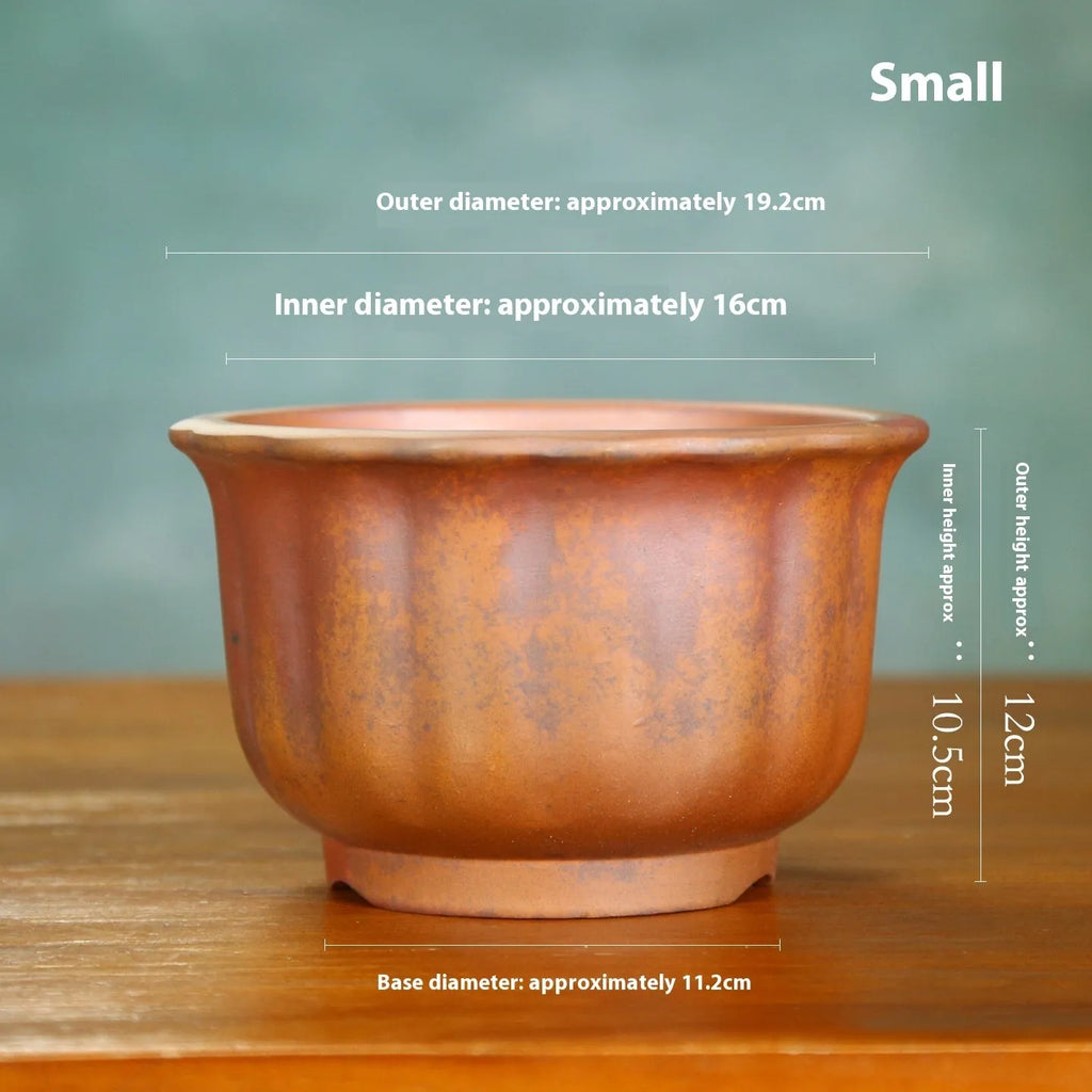 Large purple sand ceramic flowerpot with antique carved wood burning design for indoor bonsai.