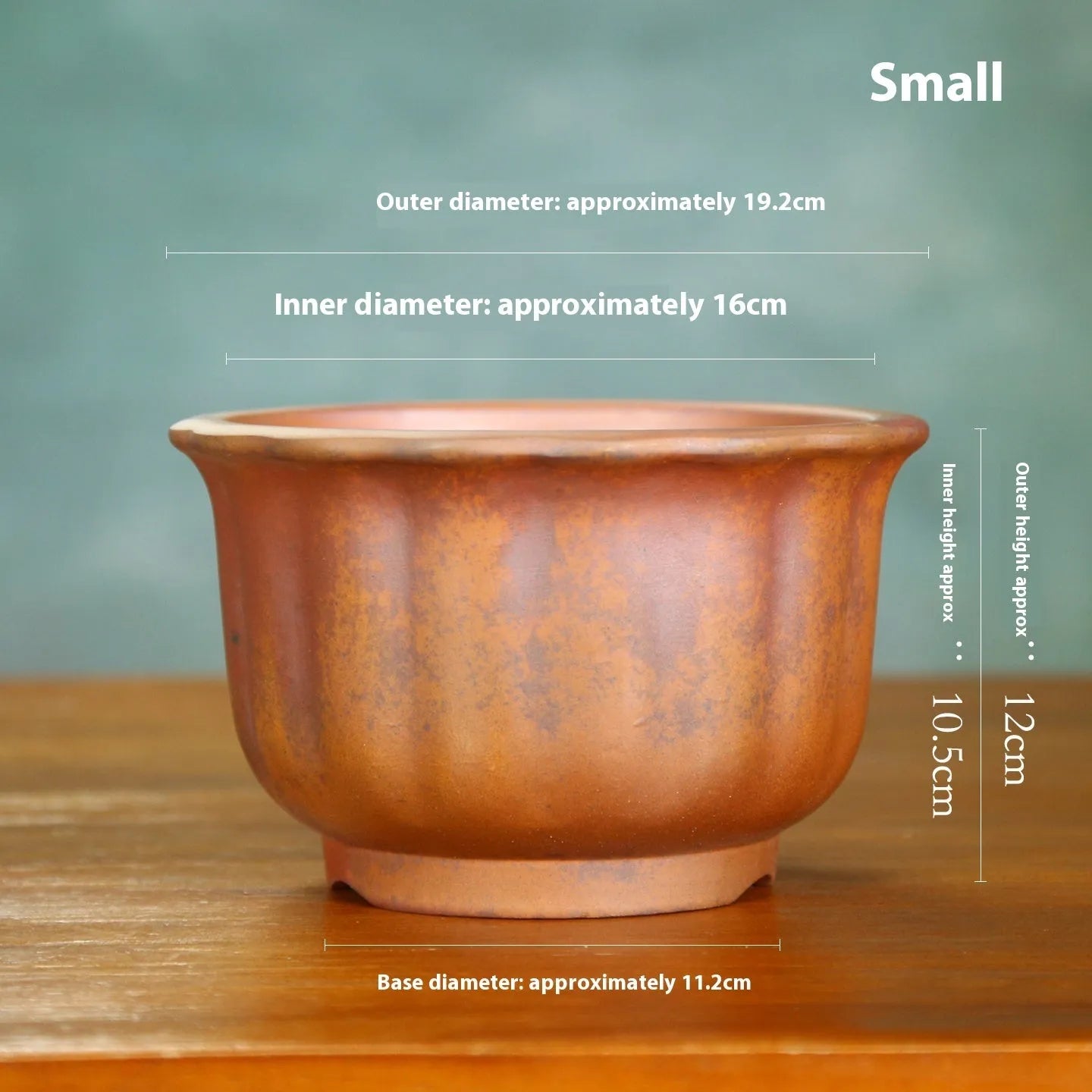 Large purple sand ceramic flowerpot with antique carved wood burning design for indoor bonsai.