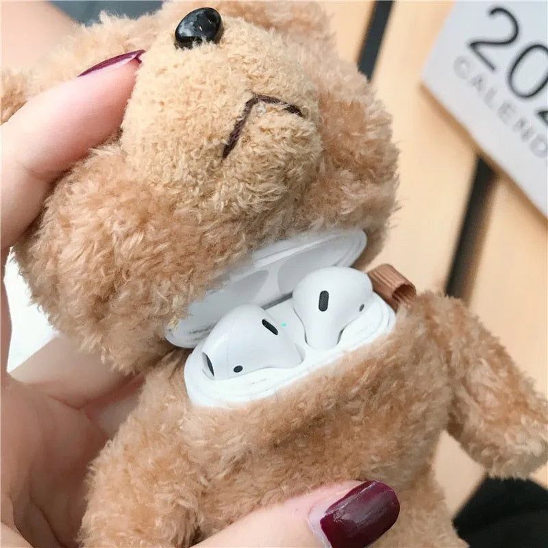 Brown plush cartoon animal silicone case for Apple AirPods and AirPods Pro charging case