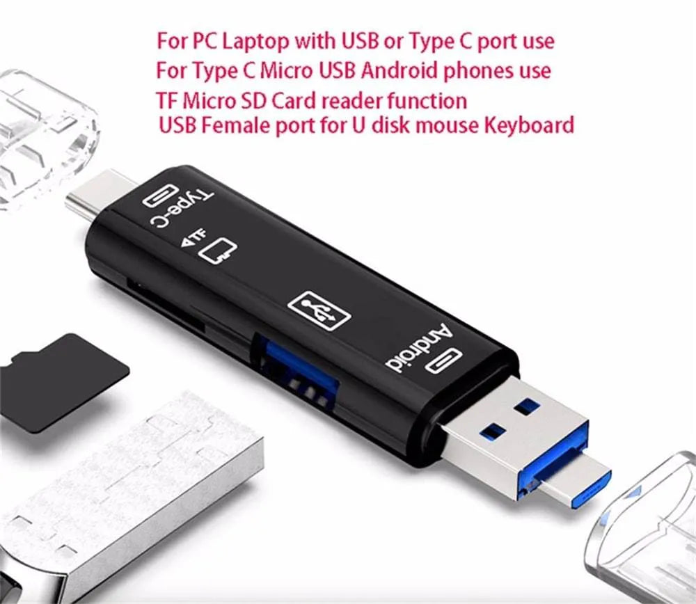 Black and white USB Type-C to Micro USB OTG hub adapter with TF card reader slot