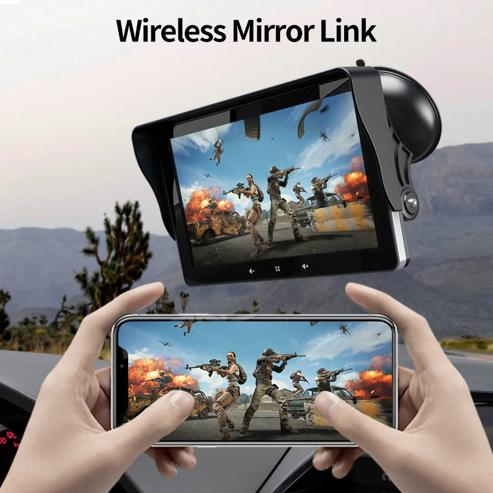 7-inch car wireless CarPlay display with suction cup mount and cigarette lighter power cable