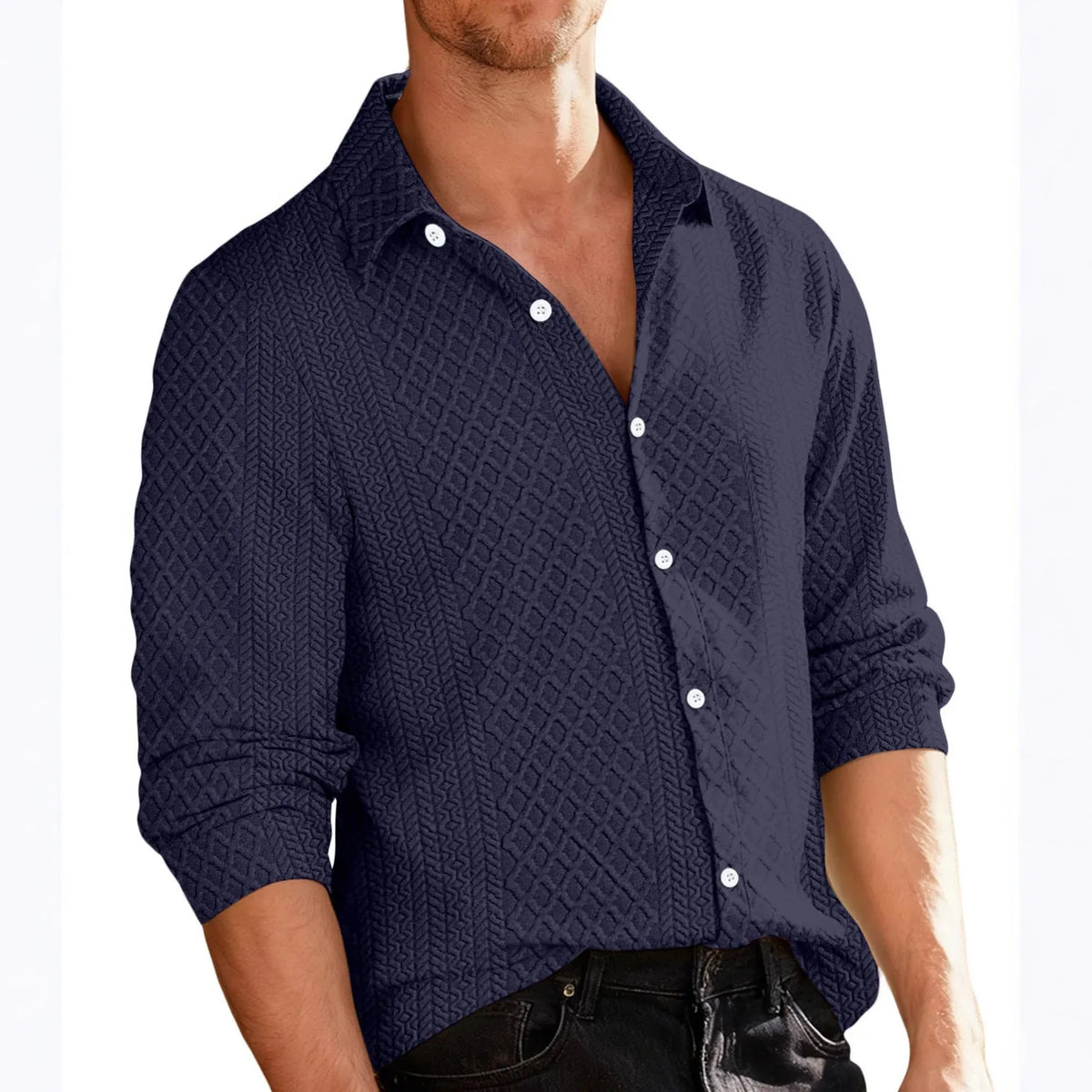 Men's knitted floral slim fit shirt with lapel collar, long sleeves and 3D patch pocket, available in seven colours.