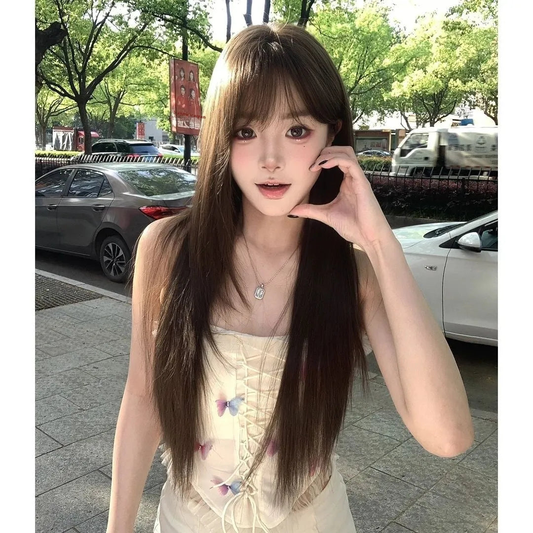 High-temperature fibre wig in black tea brown colour with head cover for ladies hair replacement