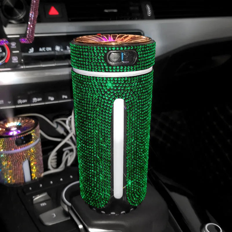 Diamond rhinestone car humidifier with LED lights and mist output, measuring 15x7x7cm