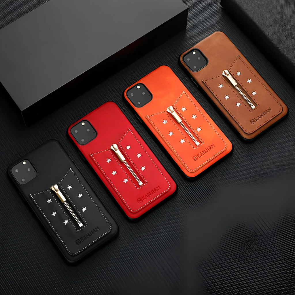 Black PU leather zipper phone case for iPhone showing anti-fingerprint finish and closed zip.