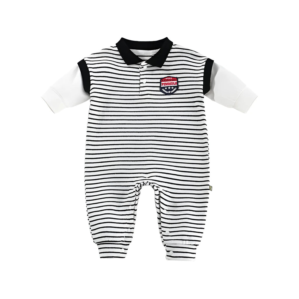 Striped baby onesie in cotton with pullover style available in blue or black