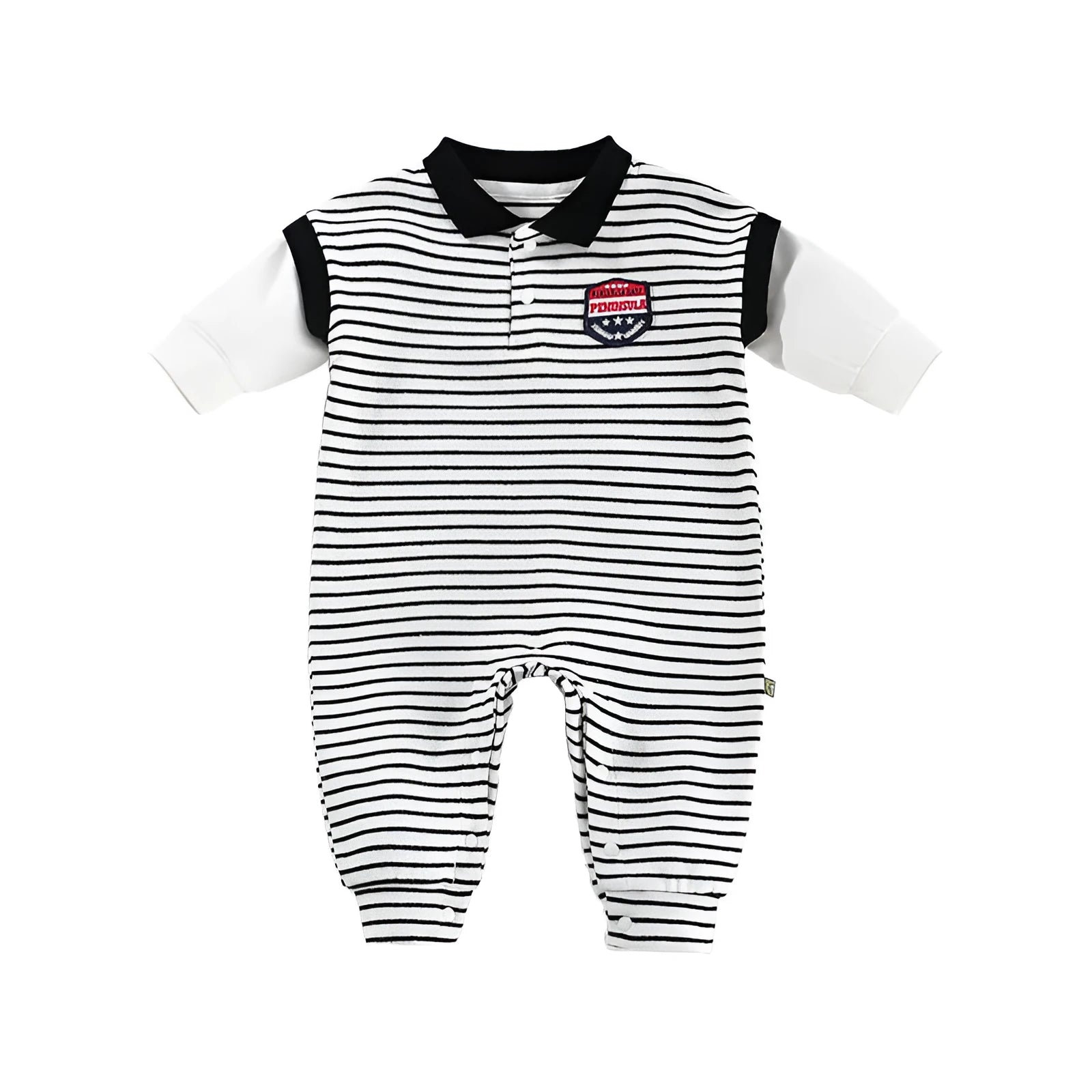 Striped baby onesie in cotton with pullover style available in blue or black
