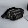 Genuine leather sports waist pack for men, black thin style, top grain leather, with leather pull tab, on white background