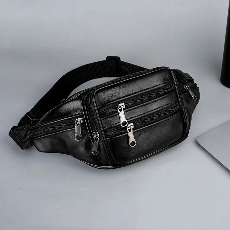 Genuine leather sports waist pack for men, black thin style, top grain leather, with leather pull tab, on white background