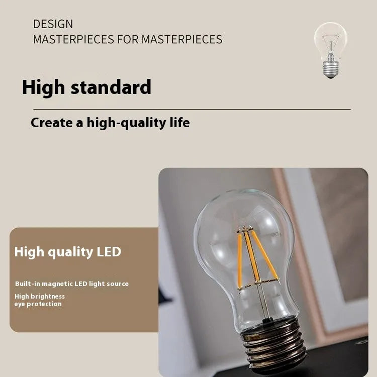 Creative iron art suspension bulb night lamp with black wood grain base for desktop decoration