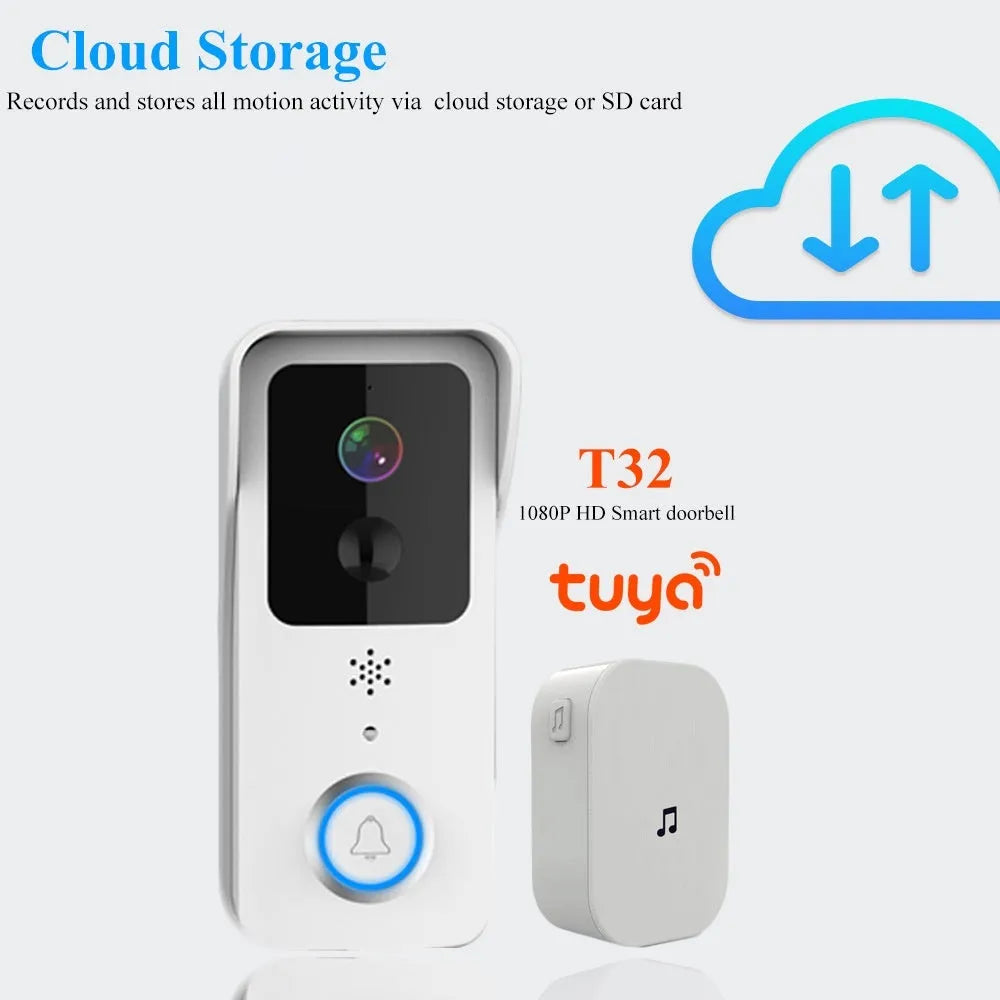 Black or white smart waterproof HD visual doorbell with camera and intercom for outdoor security.