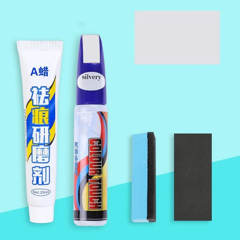 Automotive paint repair pen kit with scratch wax, paint pen, sandpaper and sponge for car bodywork