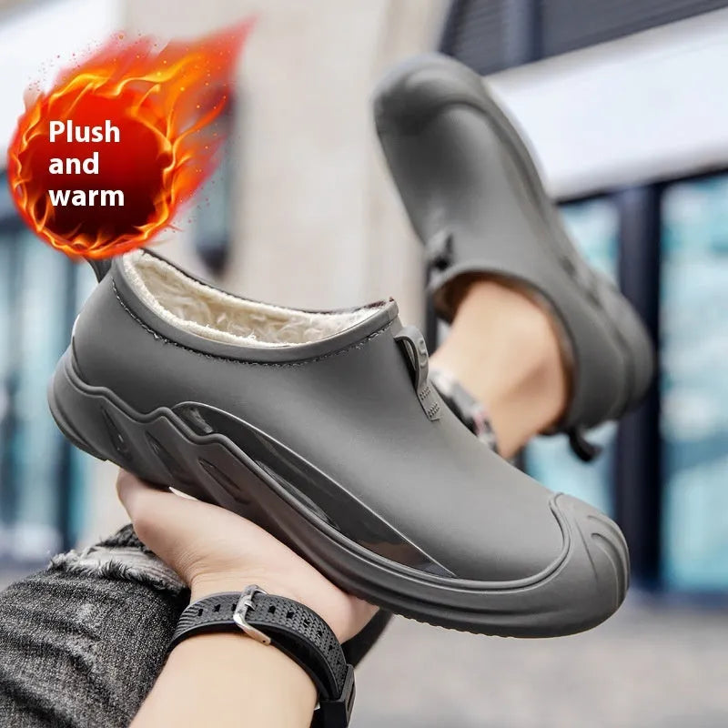 Men's short rain boots in plastic construction available in multiple colours and sizes
