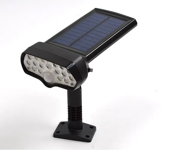 Black solar outdoor garden light with 17 LED beads, 6000-6500K output, IP65 waterproof rating, and 2200mAh battery