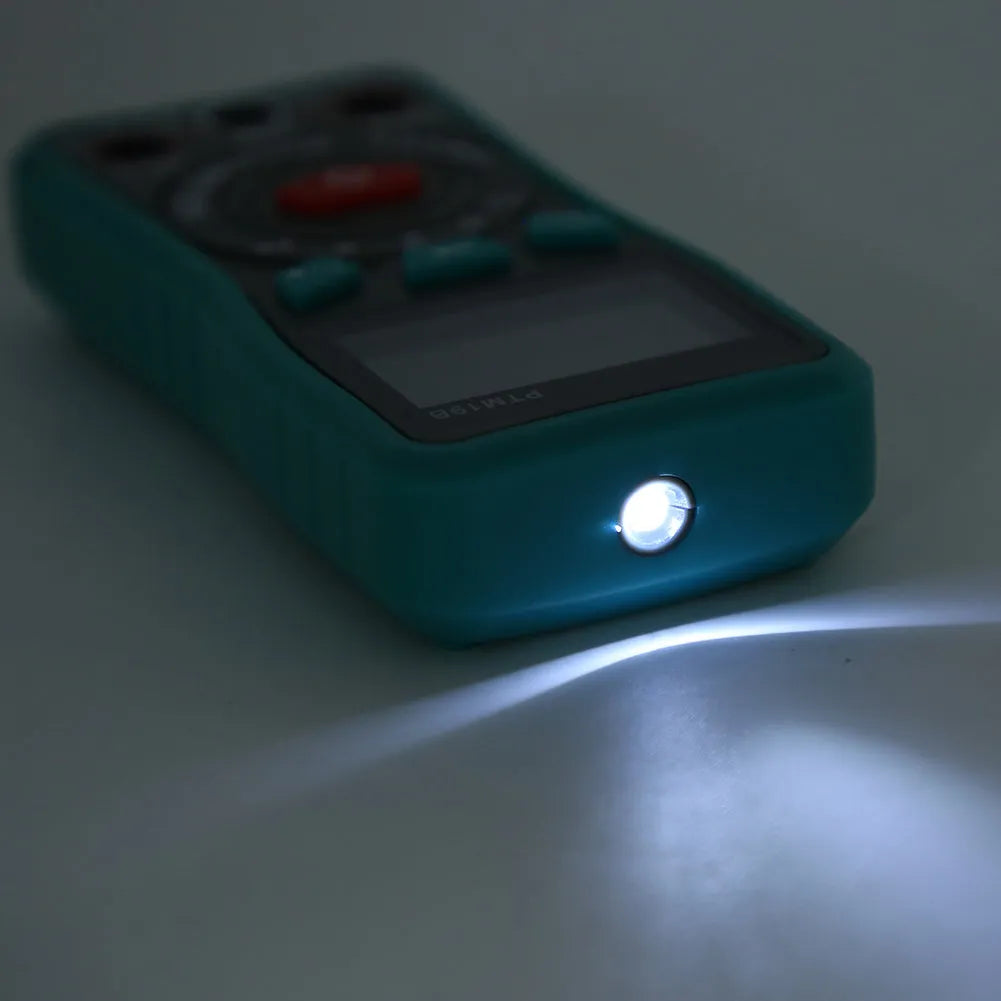Green PTM automatic digital multimeter with LED display and rear kickstand.