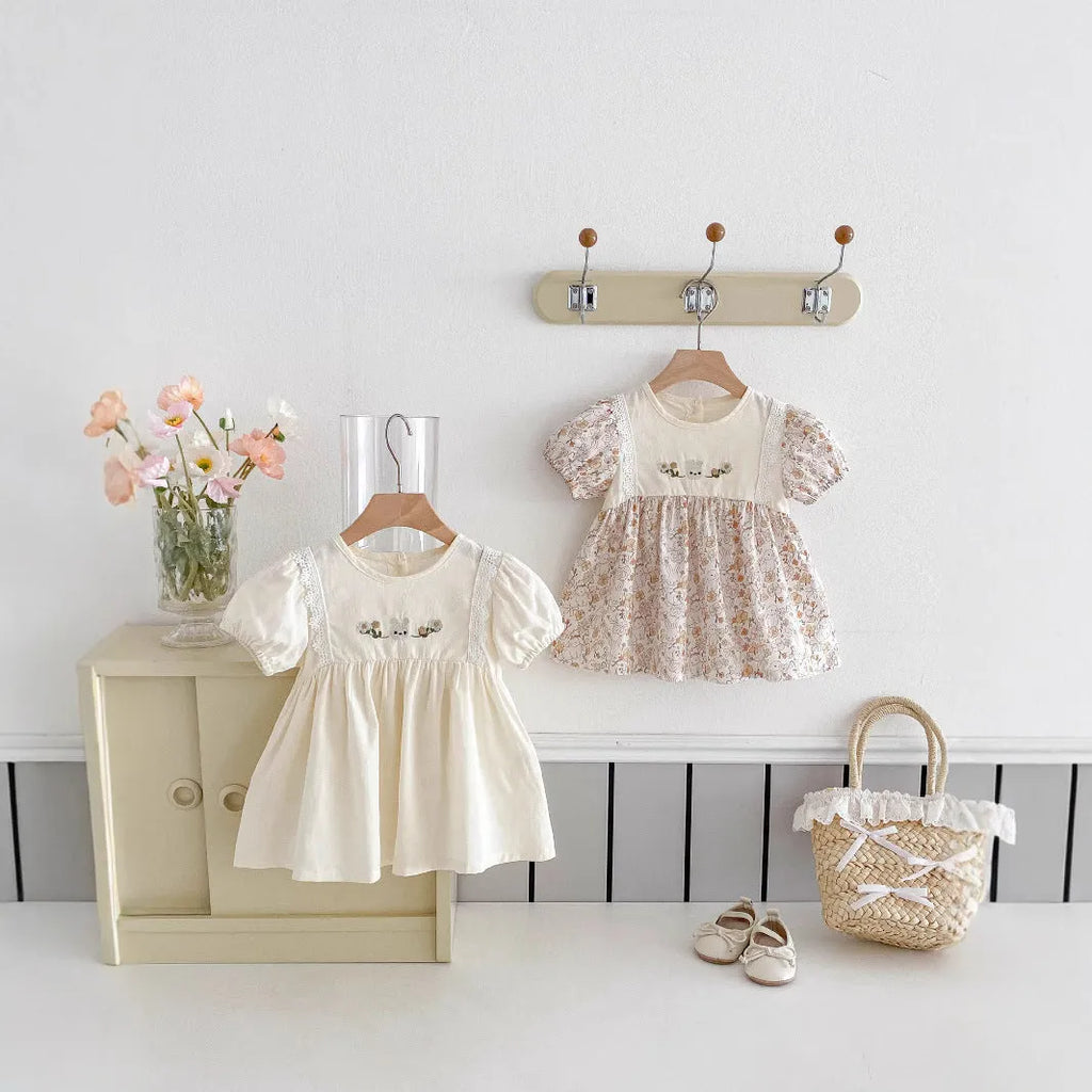 Girls' cotton lace summer dress with short sleeves and princess skirt in light apricot