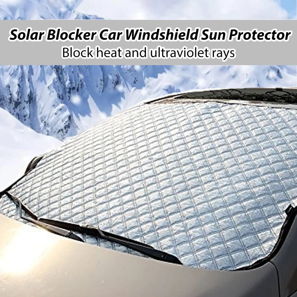 Car windshield snow cover made of silver aluminium film and nylon, size 140cm by 95cm.