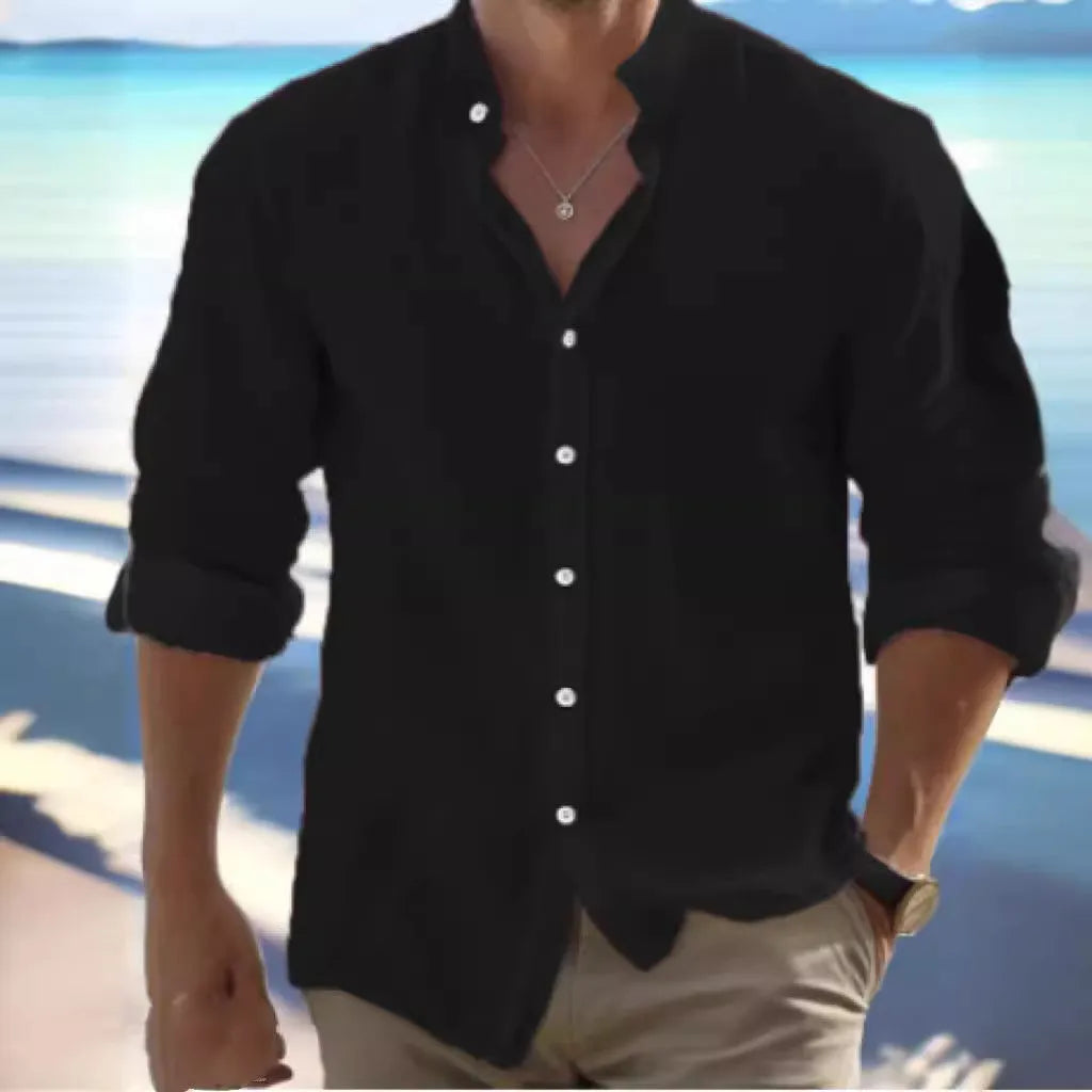 Men's long-staple cotton button beach shirt shown in light blue, sizes S to 5XL.