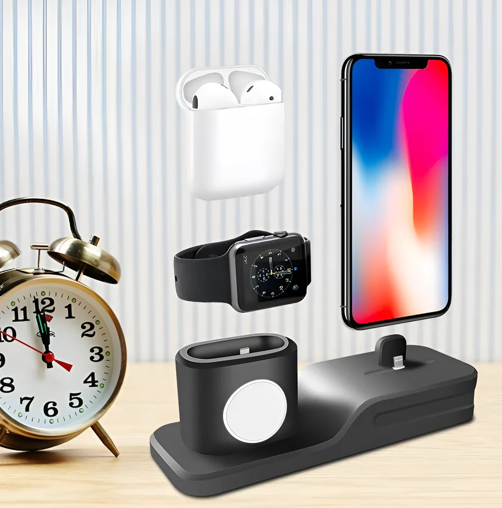 Black geometric 3-in-1 charging station for Apple devices showing iPhone, iwatch and AirPods charging slots