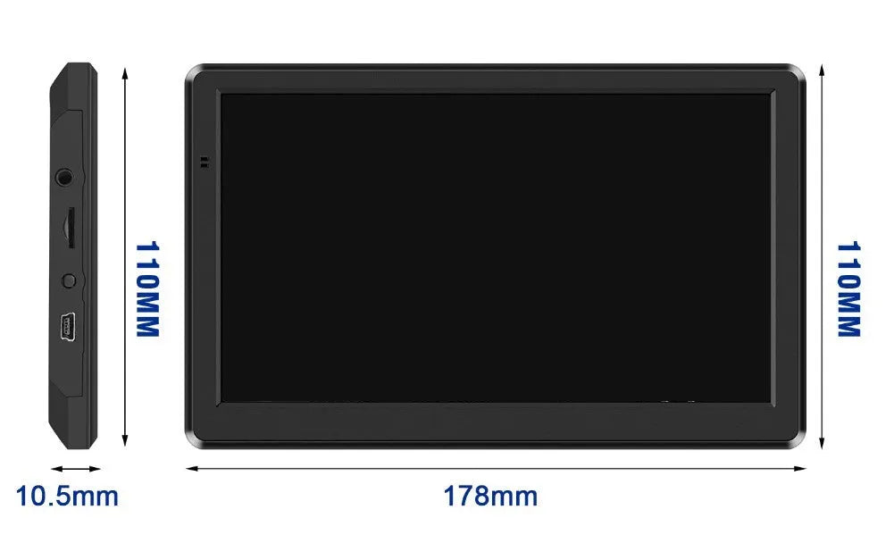 7-inch car GPS navigation device with touch screen showing map, includes bracket and car charger