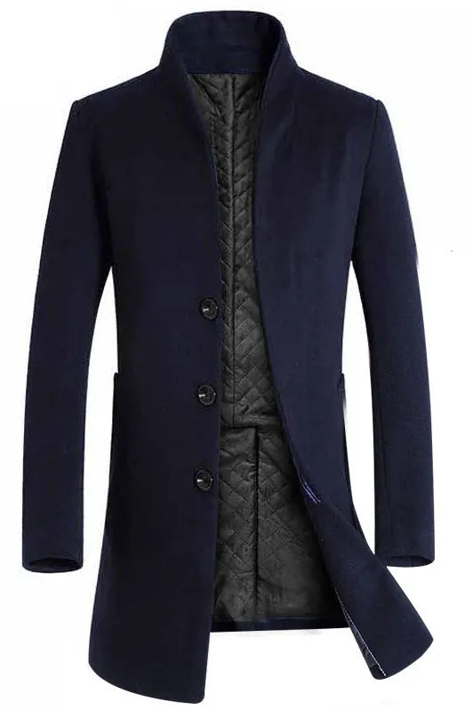 Men's long woolen trench coat in dark navy double-breasted with notch lapel