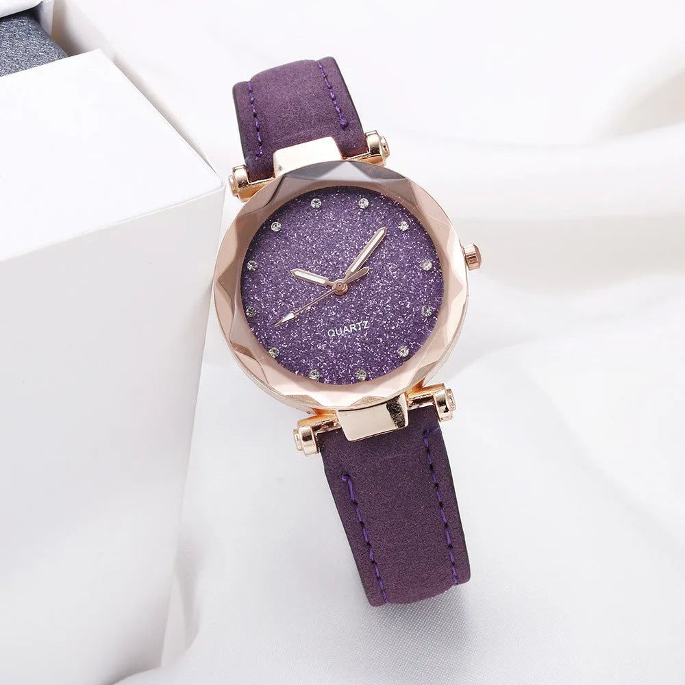 Starry watch with round 34mm dial, alloy case, imitation leather strap, and onion crown in a colour option
