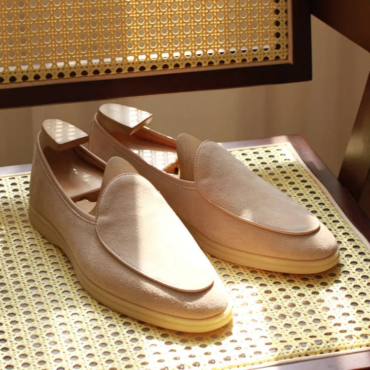 Men's handmade leather loafers in brown with a low tube design and TPR sole