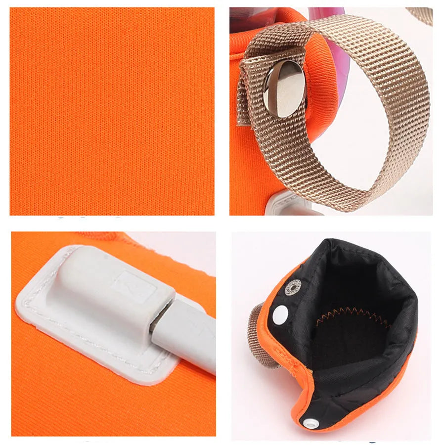 Orange and blue baby USB heated bottle warmer sleeve showing dimensions and USB connection
