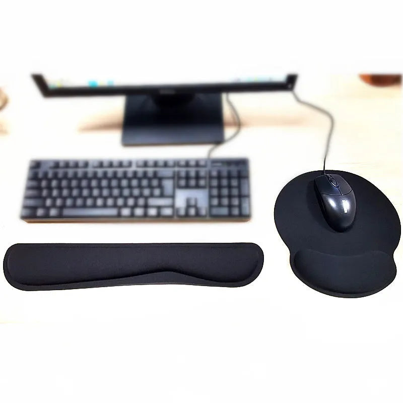 Memory foam wireless keyboard wrist rest mouse pad in black, non-slip rubber base, 460x85x25mm size