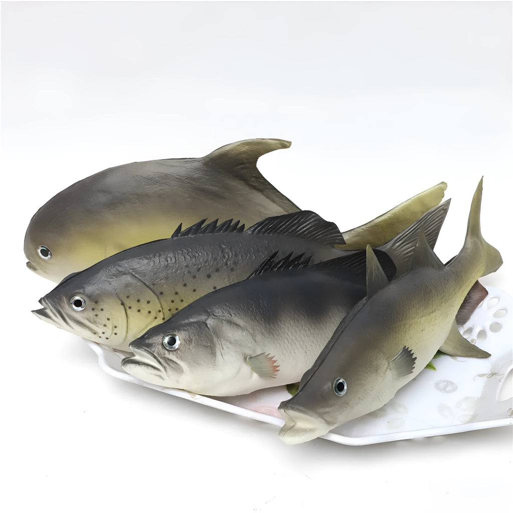 Three PU simulated fish ornaments: yellow-fin tuna, small tuna, and yellow croaker marine models