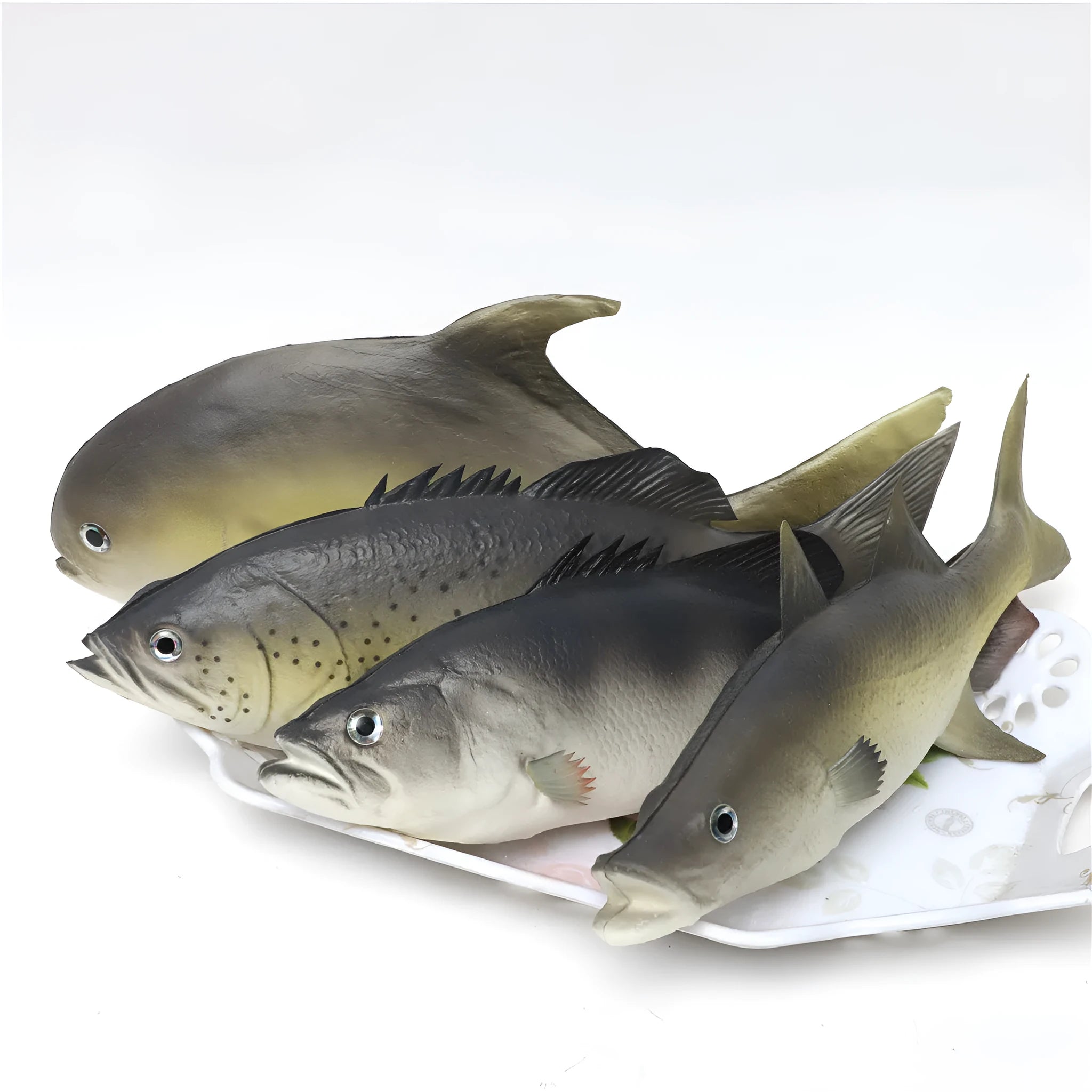 Three PU simulated fish ornaments: yellow-fin tuna, small tuna, and yellow croaker marine models