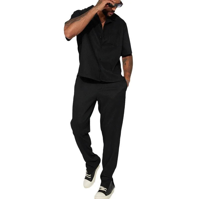 Men's loose lapel short-sleeved suit with trousers in black, brown, red, white polyester fabric