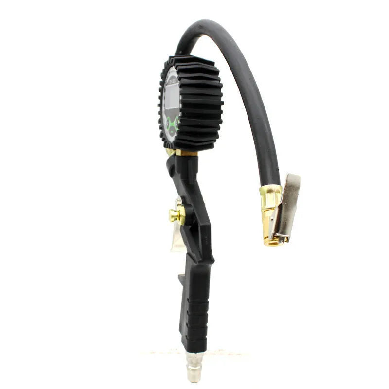 Black digital tyre pressure gauge with HD display and gun handle on white background