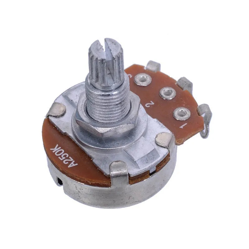 A single metal potentiometer knob for an electric guitar, shown in a choice of four resistance values.