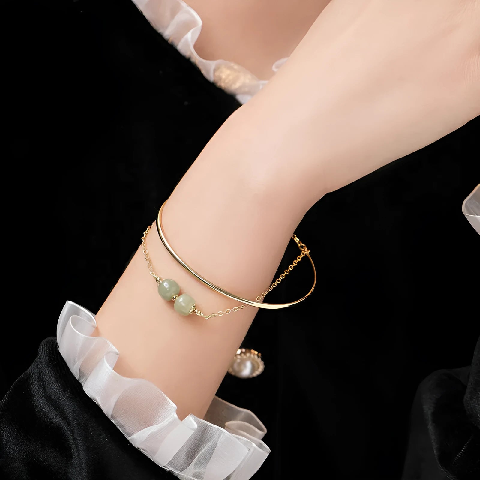 Women's jade lucky beads bracelet with gold inlay, shown in single, double, and three bead versions.