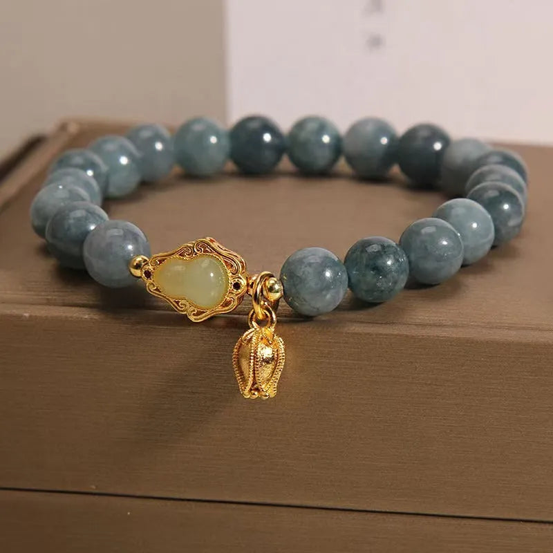 Natural stone bracelet with sky blue electroplated lotus gourd pendant for women