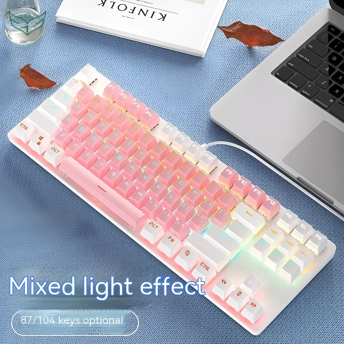 87-key mechanical keyboard with green axis switches, wired desktop connection, plastic body, compact layout